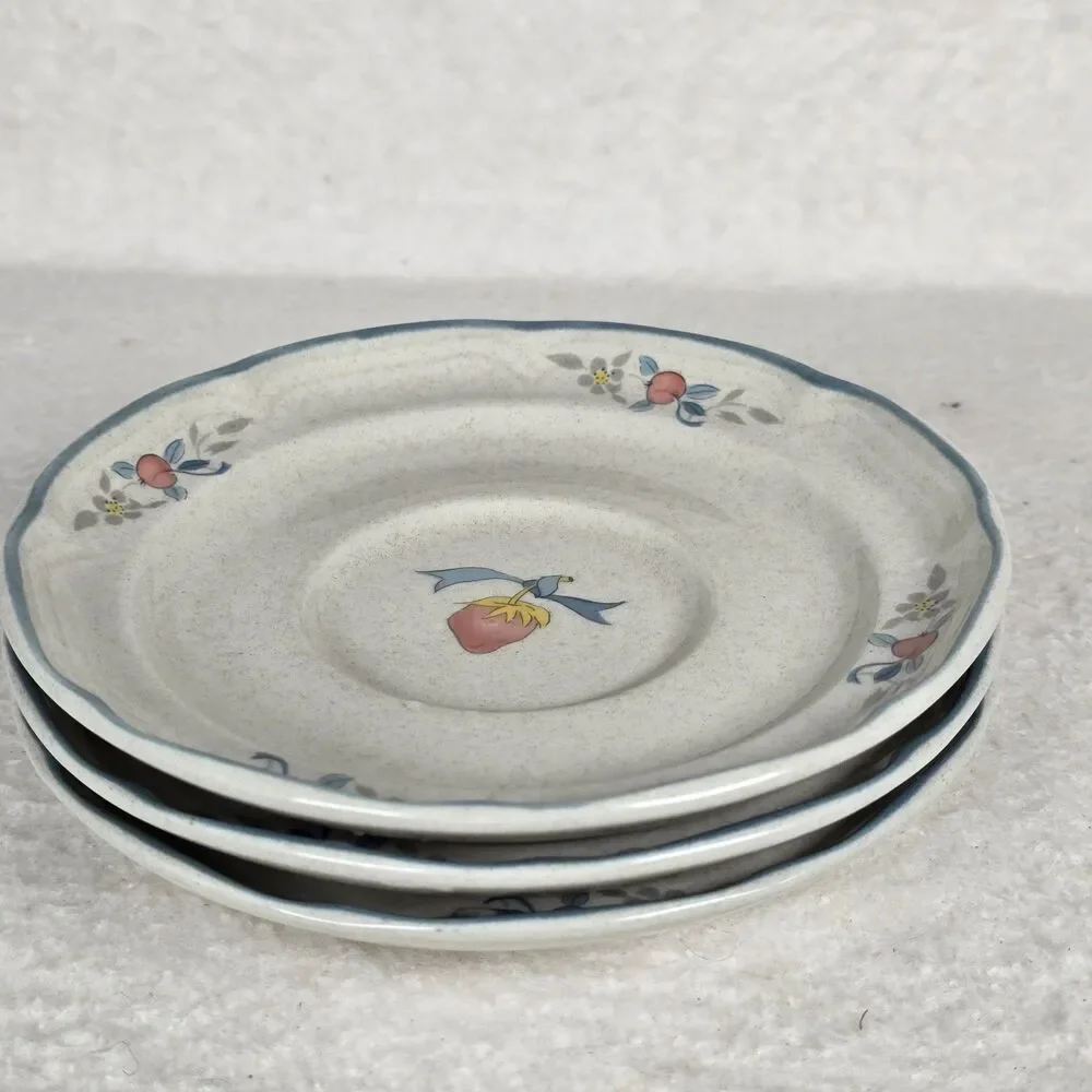 Set Of 3 International China Marmalade Saucers Goose Blue Ribbon Fruit